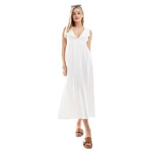 ASOS DESIGN broderie bib midi smock dress in white, Size 12